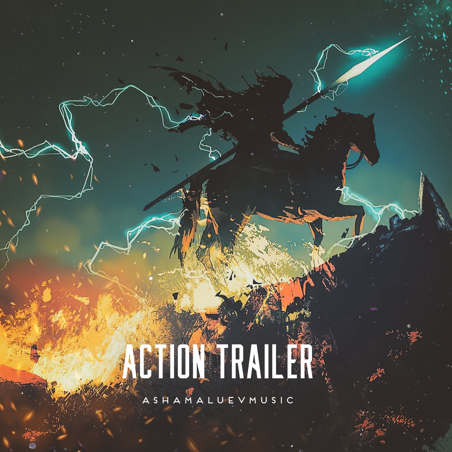 Cover art of the music track 'Action Trailer' by AShamaluevMusic, which shows the artistic depiction of a warrior on horseback with dynamic lighting effects