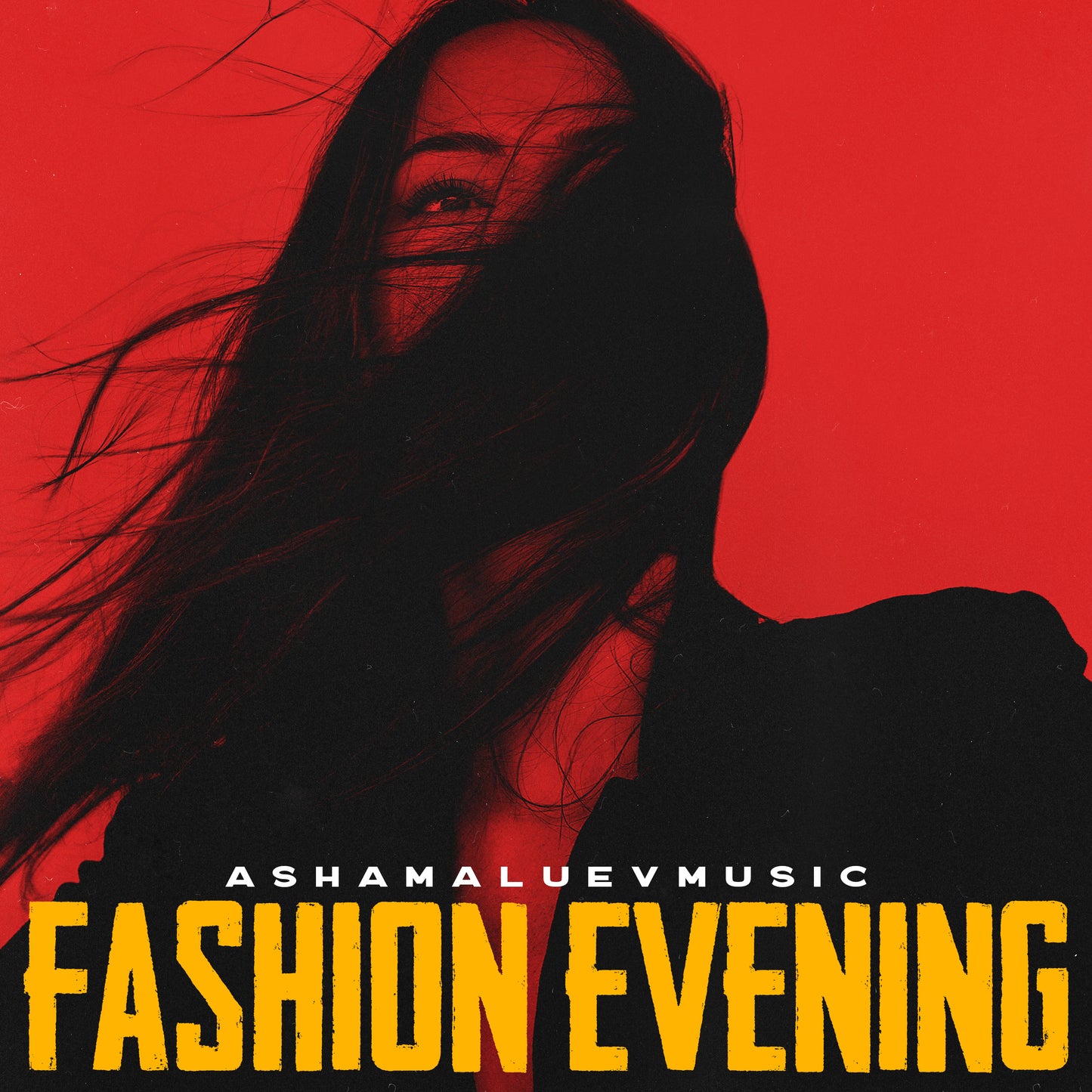 Album cover with a silhouette of a woman against a red background and text 'ASHAMALUEVMUSIC' and 'FASHION EVENING'.
