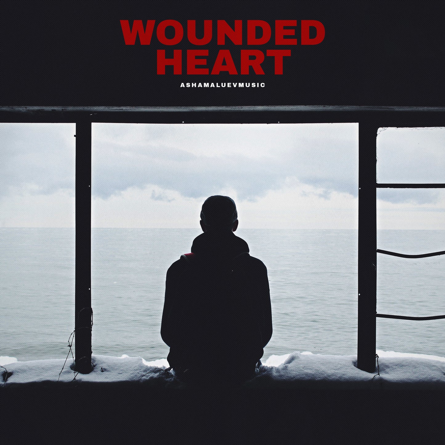 Cover art of the music track 'Wounded Heart' by AShamaluevMusic, which shows the silhouette of a person looking out at a snowy landscape.