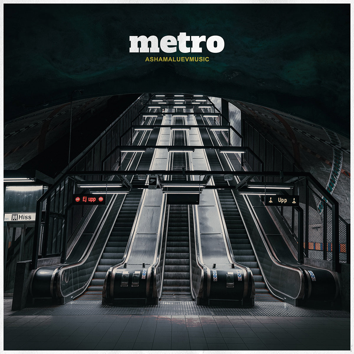 Cover art of the music track 'Metro' by AShamaluevMusic, which shows the escalators in a metro station.
