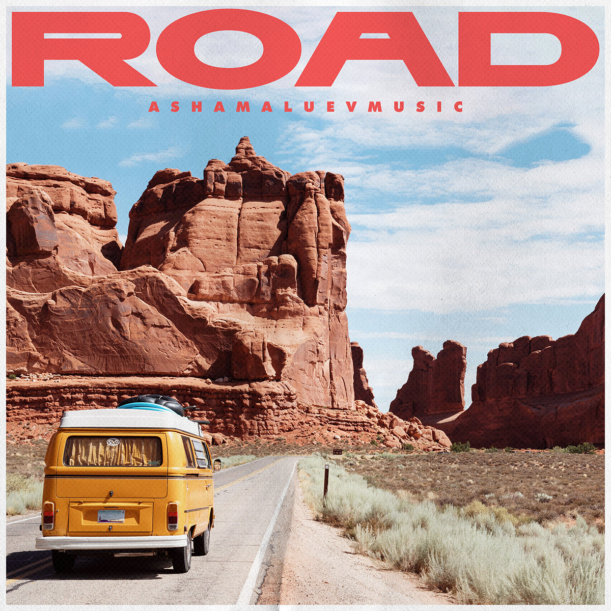Cover art of the music track 'Road' by AShamaluevMusic, which shows the van on a desert road and red rock formations