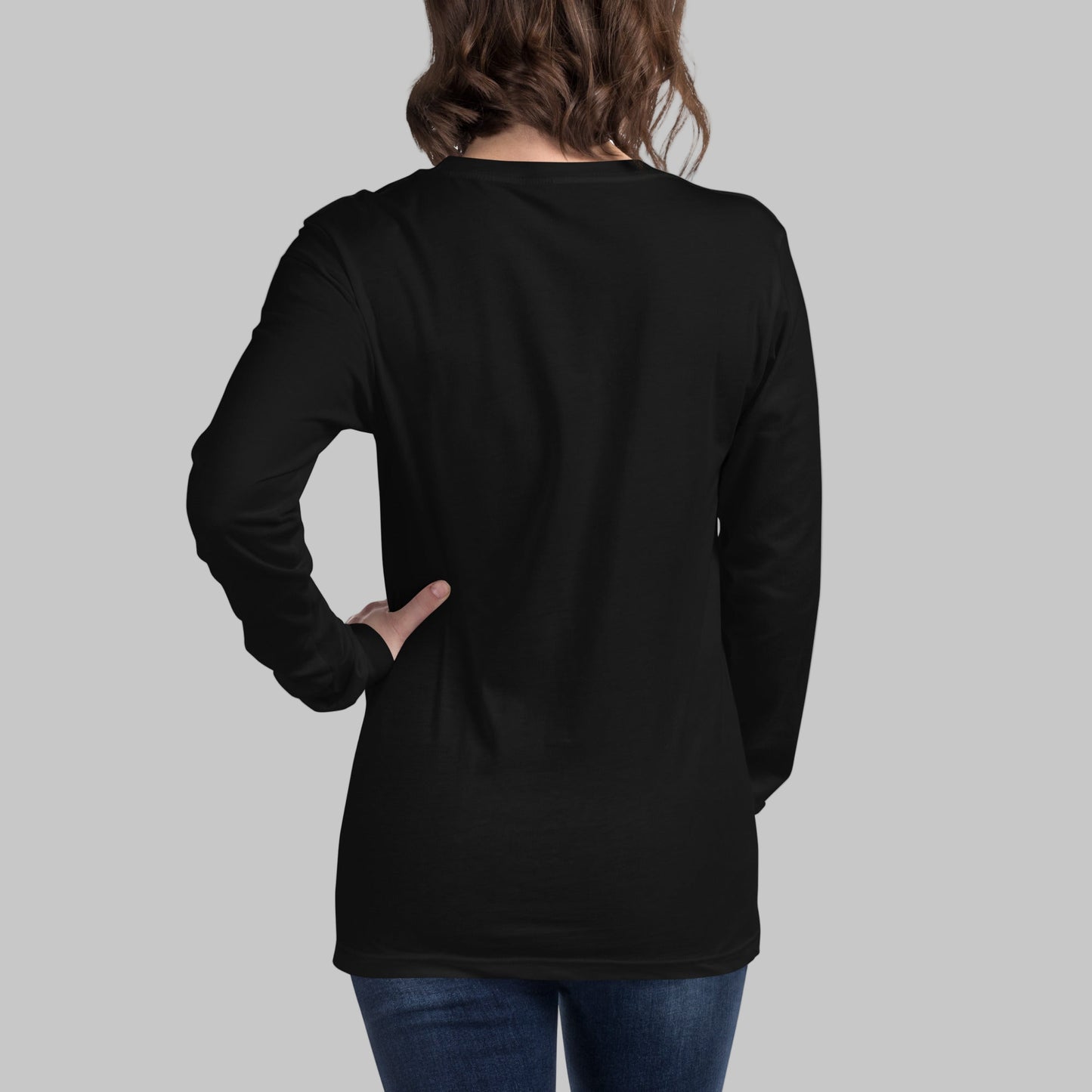 Black long-sleeve shirt worn by a person on a grey background