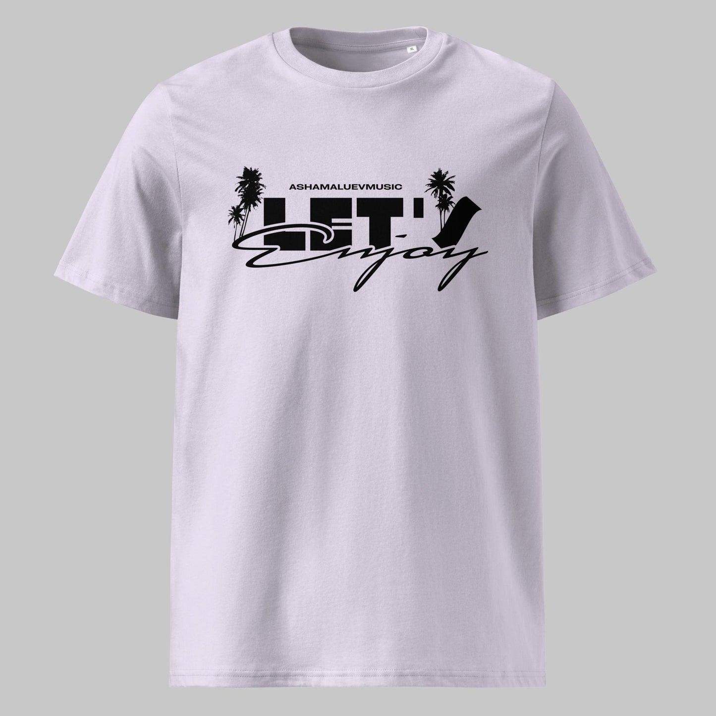 Lavender t-shirt with black graphic design on a gray background