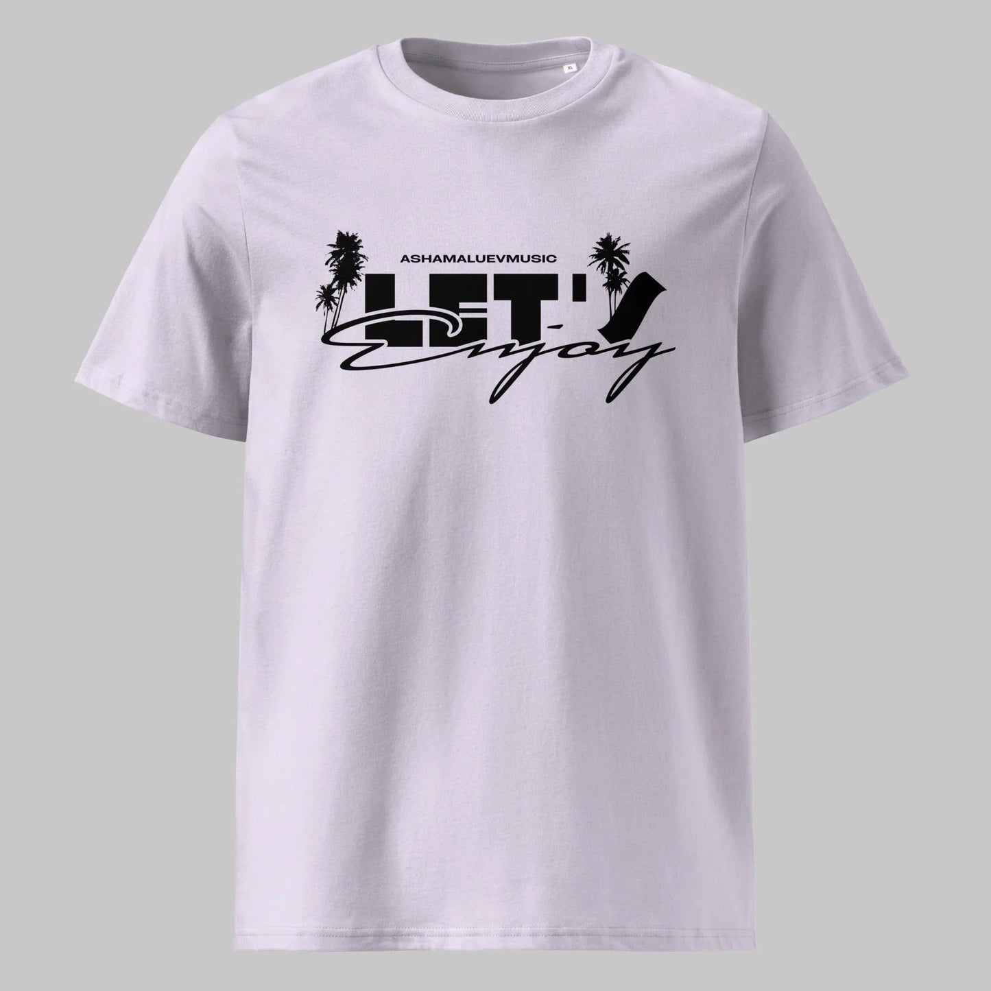 Lavender t-shirt with black graphic design on a gray background