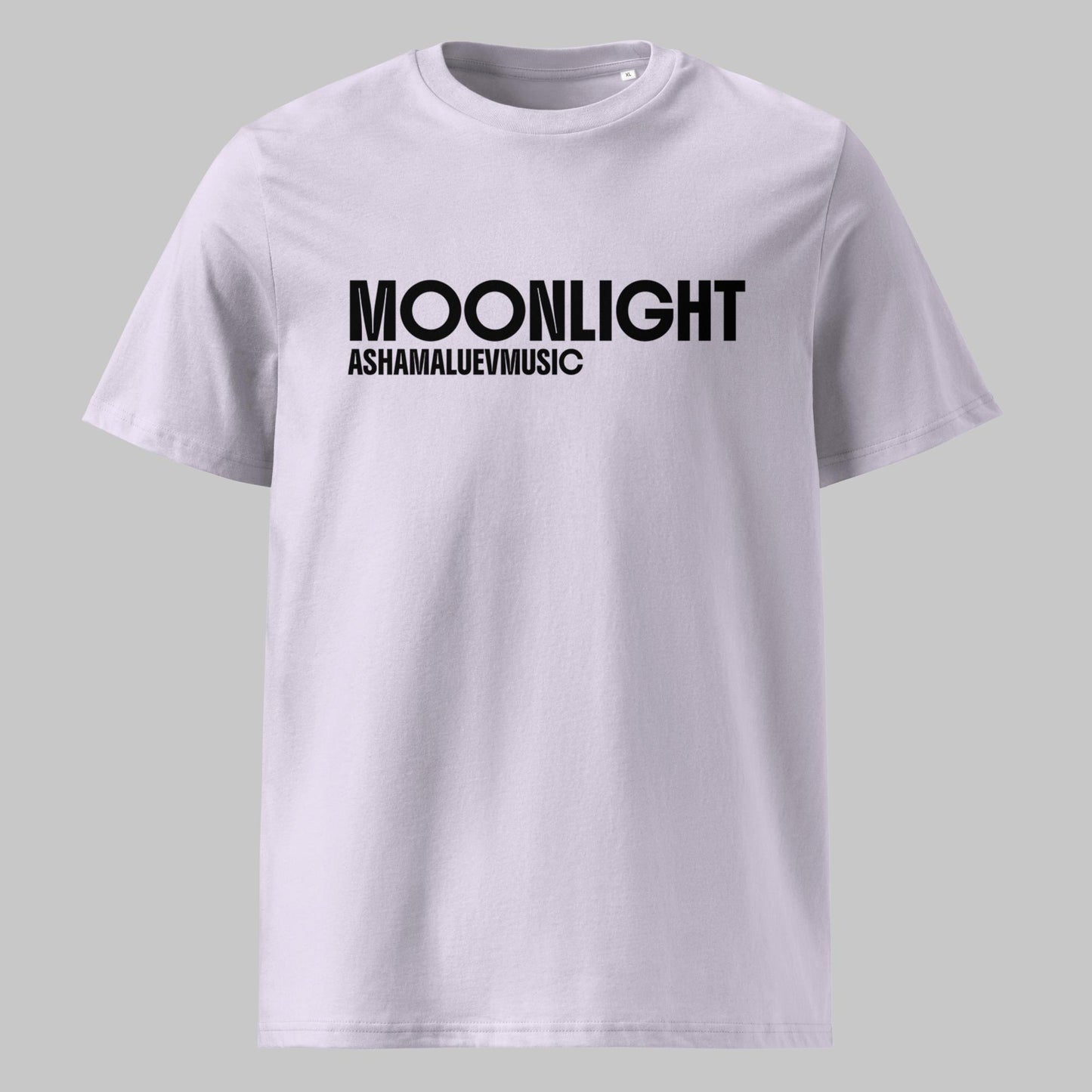 Unisex lavender organic cotton t-shirt with 'Moonlight' print and AShamaluevMusic logo on a light grey background