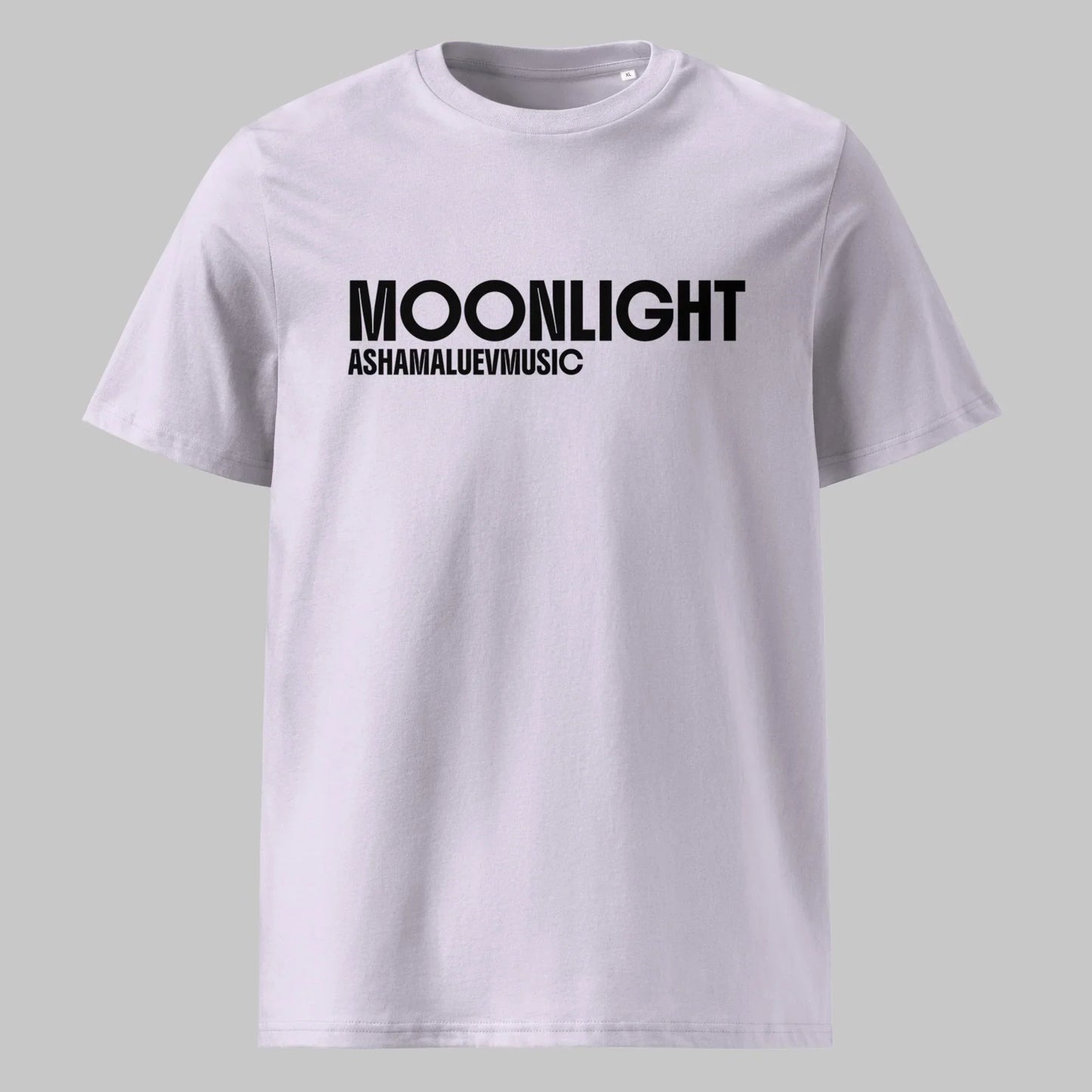 Unisex lavender organic cotton t-shirt with 'Moonlight' print and AShamaluevMusic logo on a light grey background