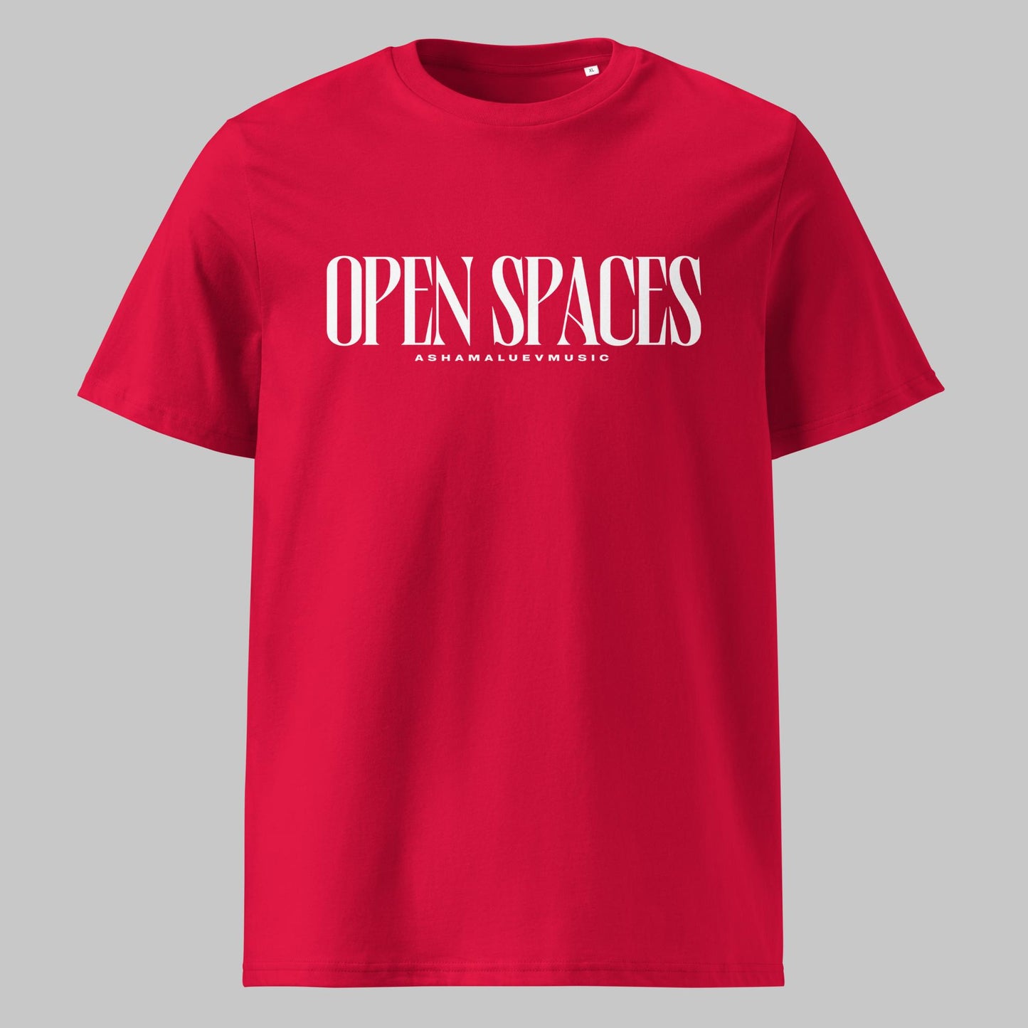 Red unisex t-shirt with 'OPEN SPACES' and 'AShamaluevMusic' text on a gray background.