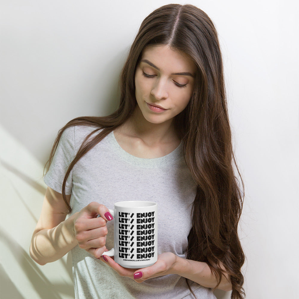 Woman holding a mug with text design against a white background
