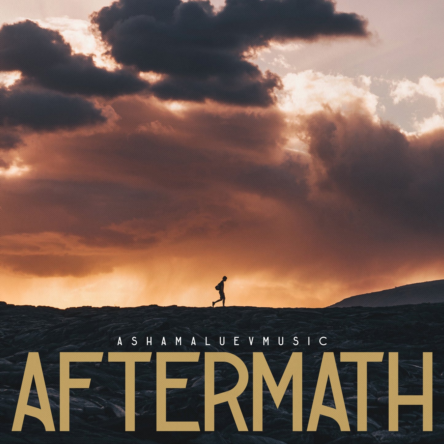 Cover art of the music track 'Aftermath' by AShamaluevMusic, which shows the silhouette of a person against a dramatic sunset sky.