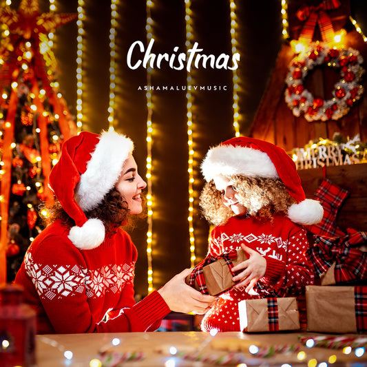 Cover art of the music track 'Energetic Motivation' by AShamaluevMusic, which shows the two people wearing Santa hats exchanging Christmas presents with festive decorations.