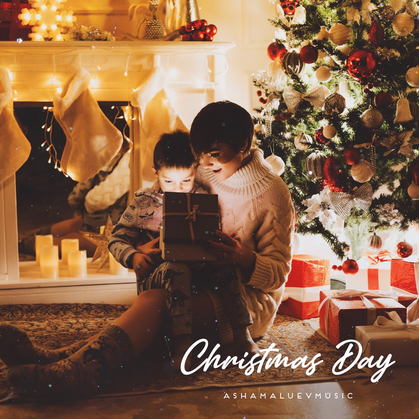 Cover art of the music track 'Christmas Day' by AShamaluevMusic, which shows the mom and son open a gift in front of the Christmas tree and fireplace.