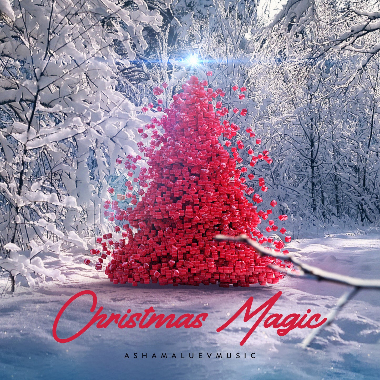 Cover art of the music track 'Christmas Magic' by AShamaluevMusic, which shows the red Christmas tree made of blocks in a snowy landscape.