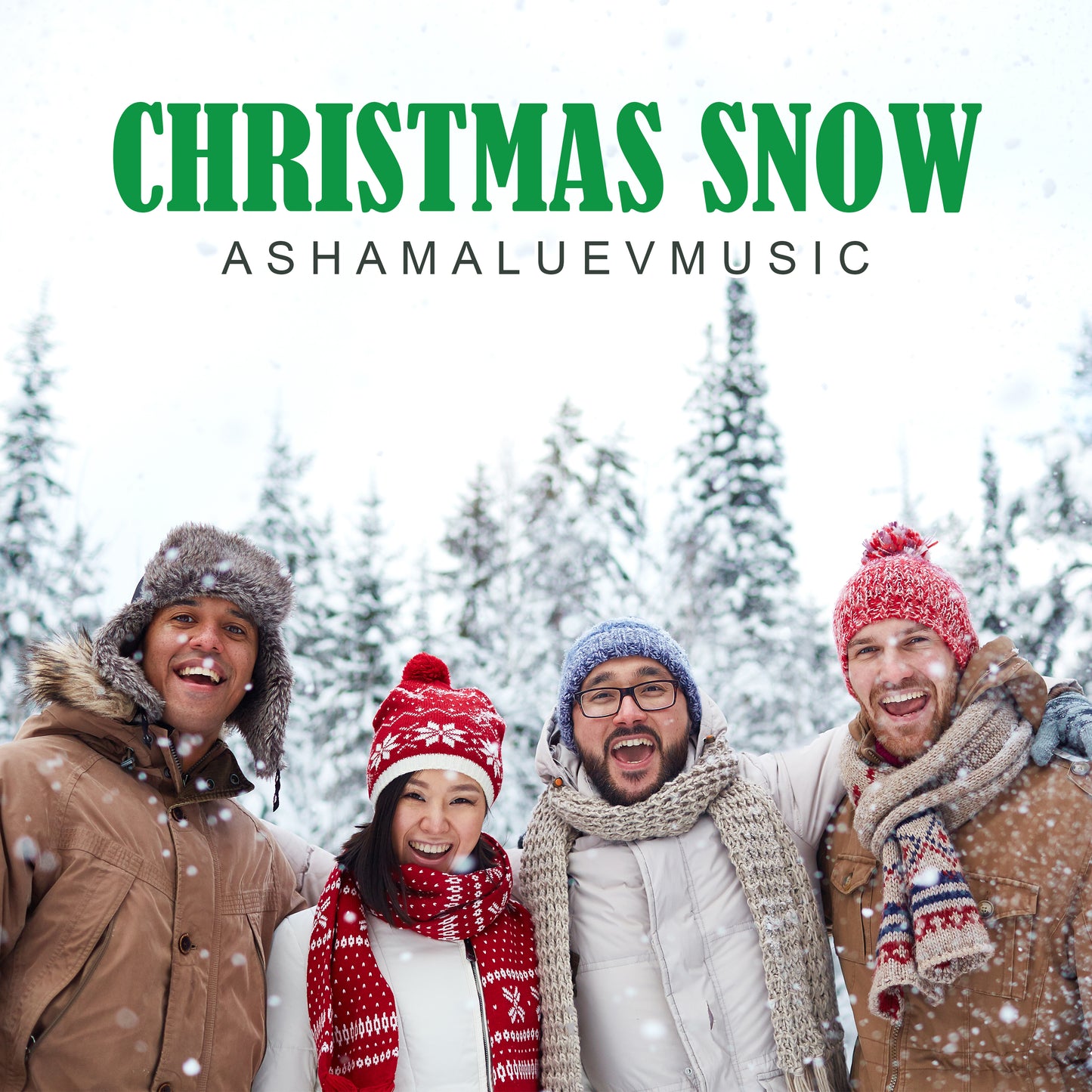 Cover art of the music track 'Christmas Snow' by AShamaluevMusic, which shows the four people in winter clothing enjoying the snow.