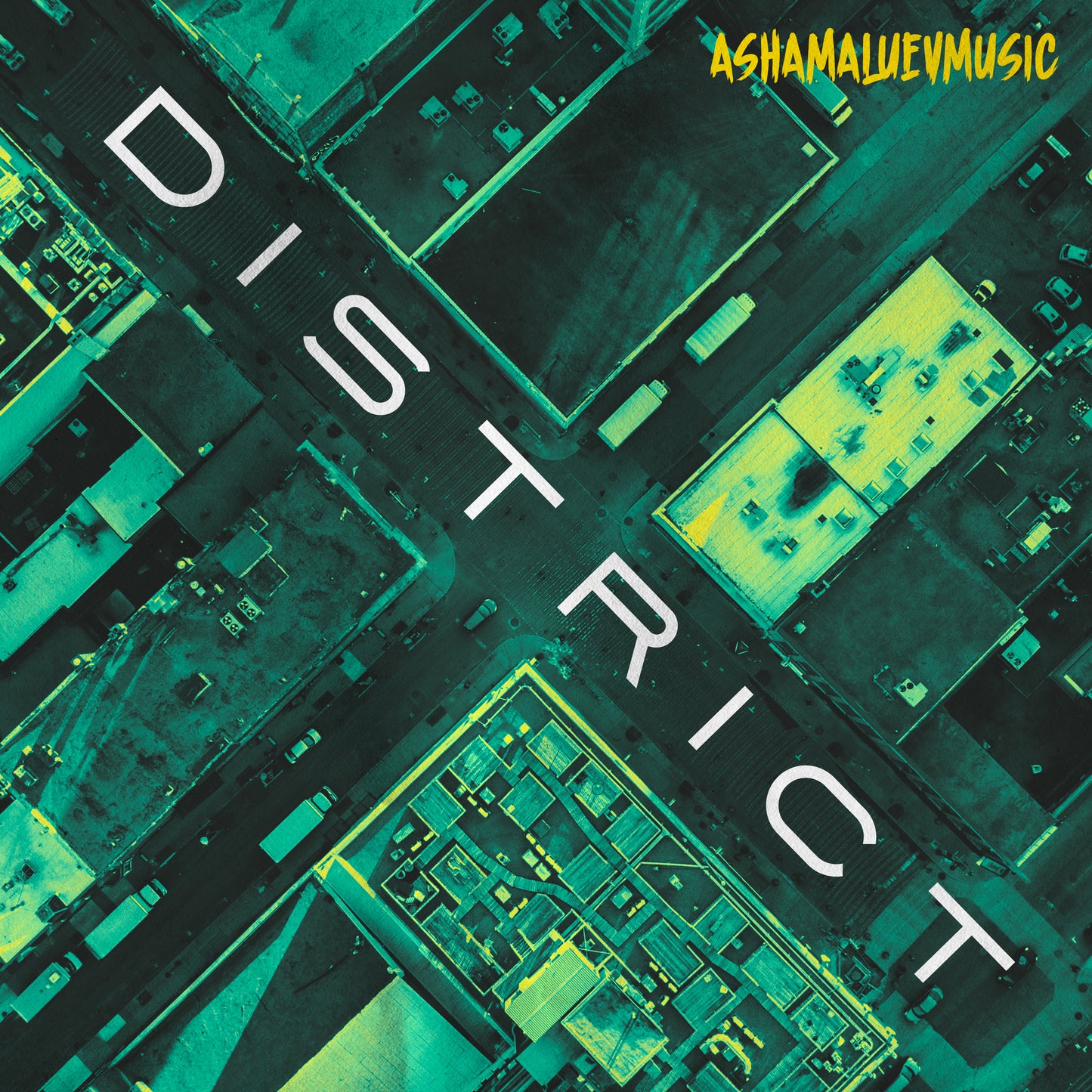 Cover art of the music track 'District' by AShamaluevMusic, which shows the digital cityscape background.