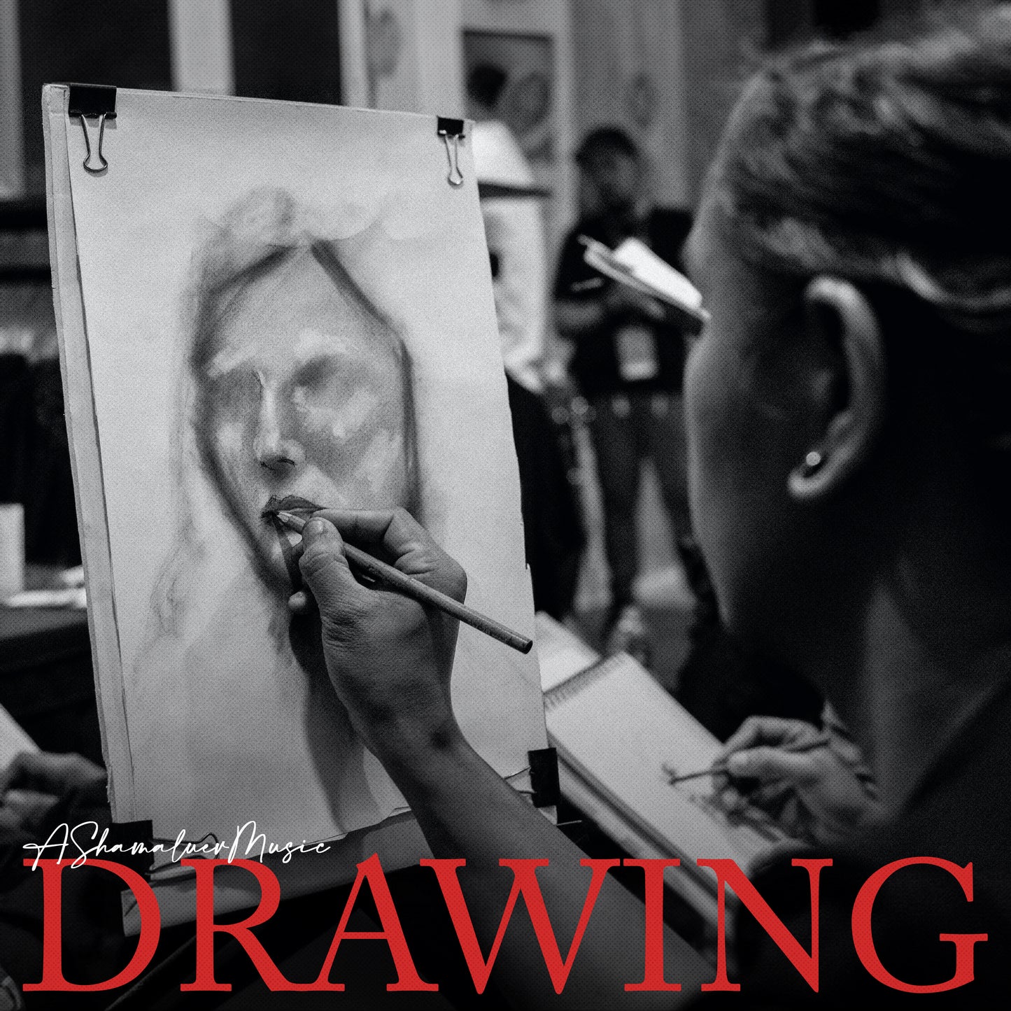 Cover art of the music track 'Drawing' by AShamaluevMusic, which shows the person drawing a portrait on an easel.