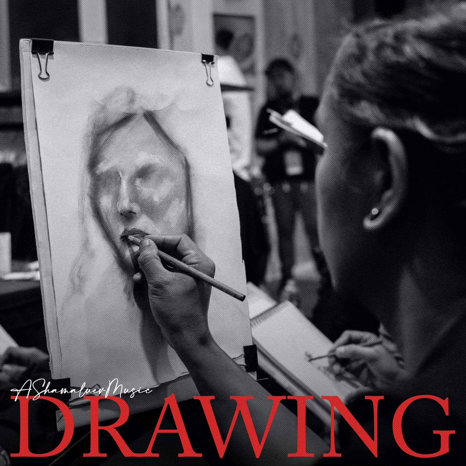 Cover art of the music track 'Drawing' by AShamaluevMusic, which shows the person drawing a portrait on an easel.