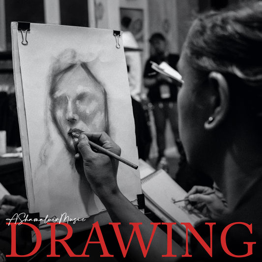 Cover art of the music track 'Drawing' by AShamaluevMusic, which shows the person drawing a portrait on an easel.