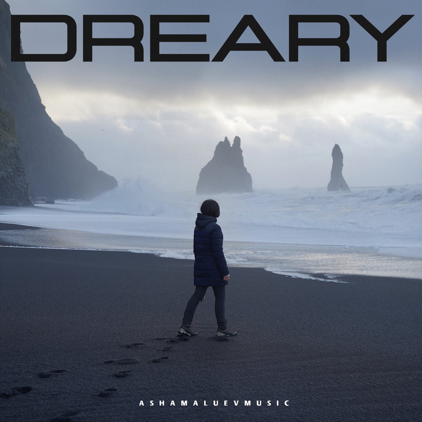 Cover art of the music track 'Dreary' by AShamaluevMusic, which shows the person standing on a misty beach.