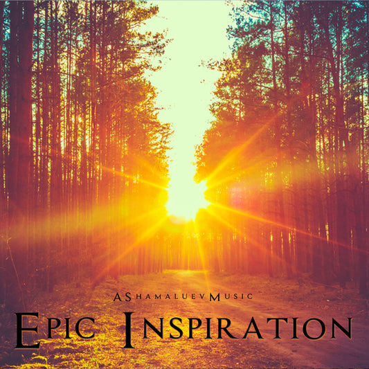 Cover of the music track 'Epic Inspiration' by AShamaluevMusic, which shows a sunset in a forest clearing, the sun is low on the horizon, between the trees, casting a warm glow.