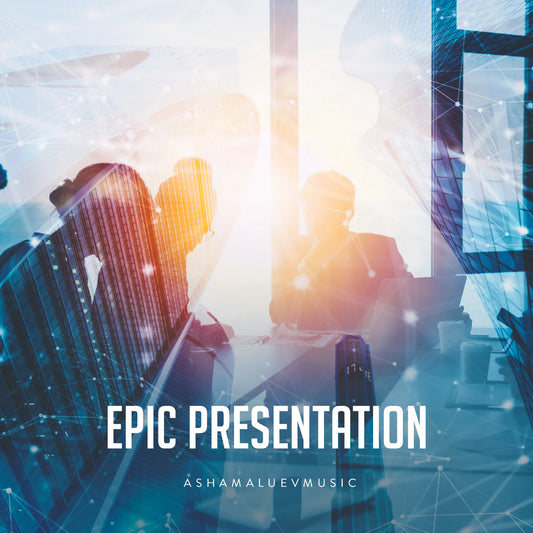 Cover art of the music track 'Epic Presentation' by AShamaluevMusic, which shows the presentation with cityscape and abstract design.