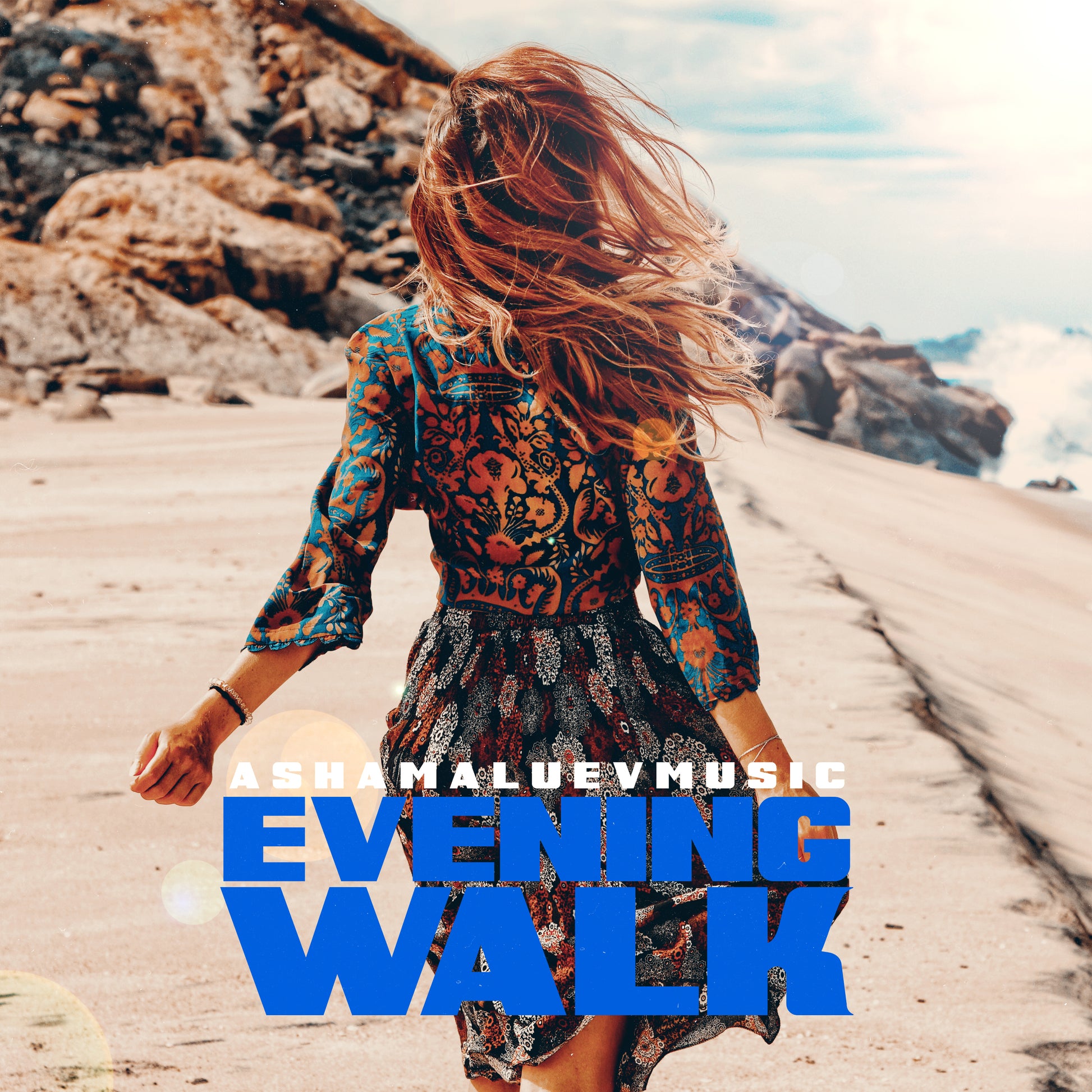 Cover art of the music track 'Evening Walk' by AShamaluevMusic, which shows the woman walking on a beach.