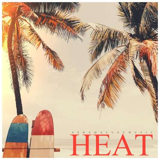 Cover art of the music track 'Heat' by AShamaluevMusic, which shows the palm trees and surfboards on a beige background.
