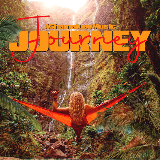 Cover art of the music track 'Journey' by AShamaluevMusic, which shows the woman in a hammock with a waterfall and lush greenery