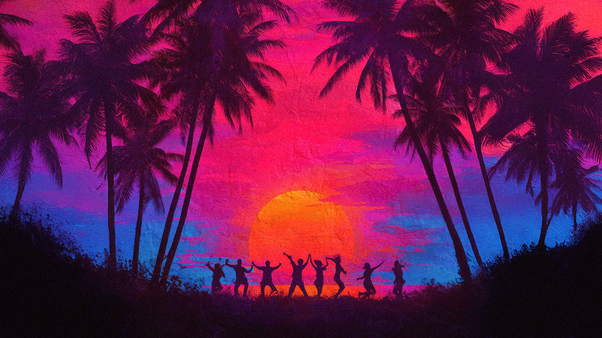 Surreal sunset with palm trees and people dancing, evoking a retro 80s vibe.