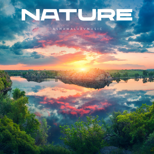 Cover art of the music track 'Nature' by AShamaluevMusic, which shows the sunset over a lake.