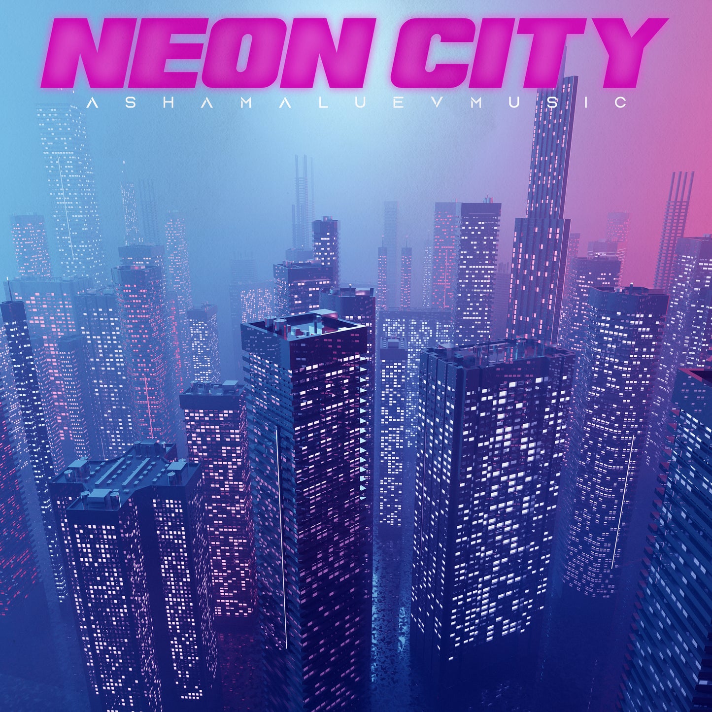 Cover art of the music track 'Neon City' by AShamaluevMusic, which shows the futuristic cityscape.