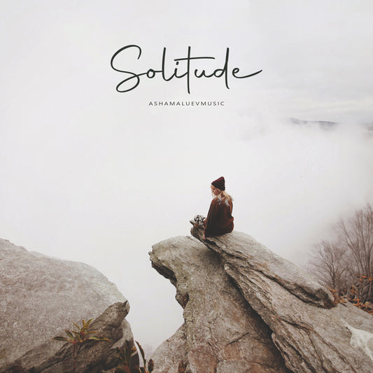 Cover art of the music track 'Solitude' by AShamaluevMusic, which shows the person sitting on a rocky outcrop.