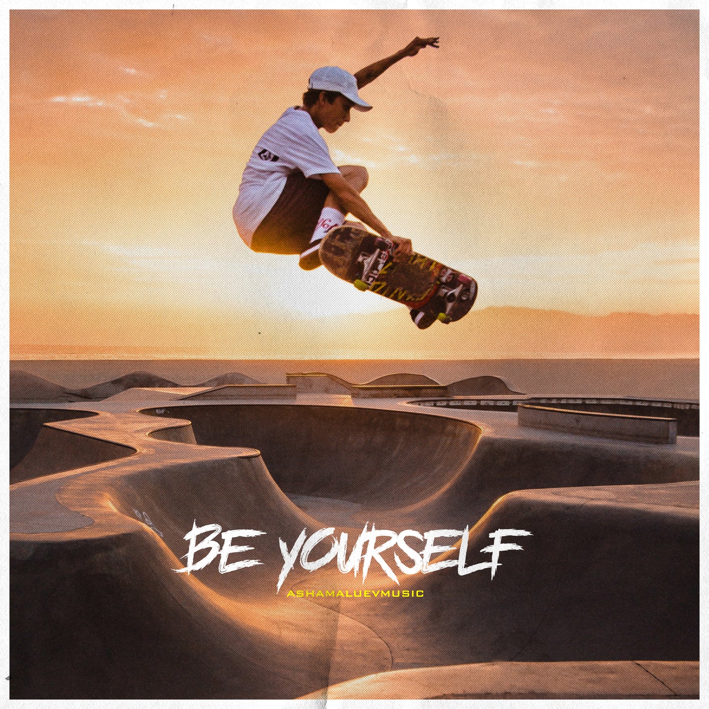 Cover art of the music track 'Be Yourself' by AShamaluevMusic, which shows the skateboarder performing a trick.
