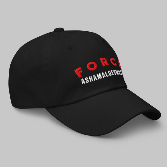 Black classic dad hat with red 'FORCE AShamaluevMusic' embroidery on the front.