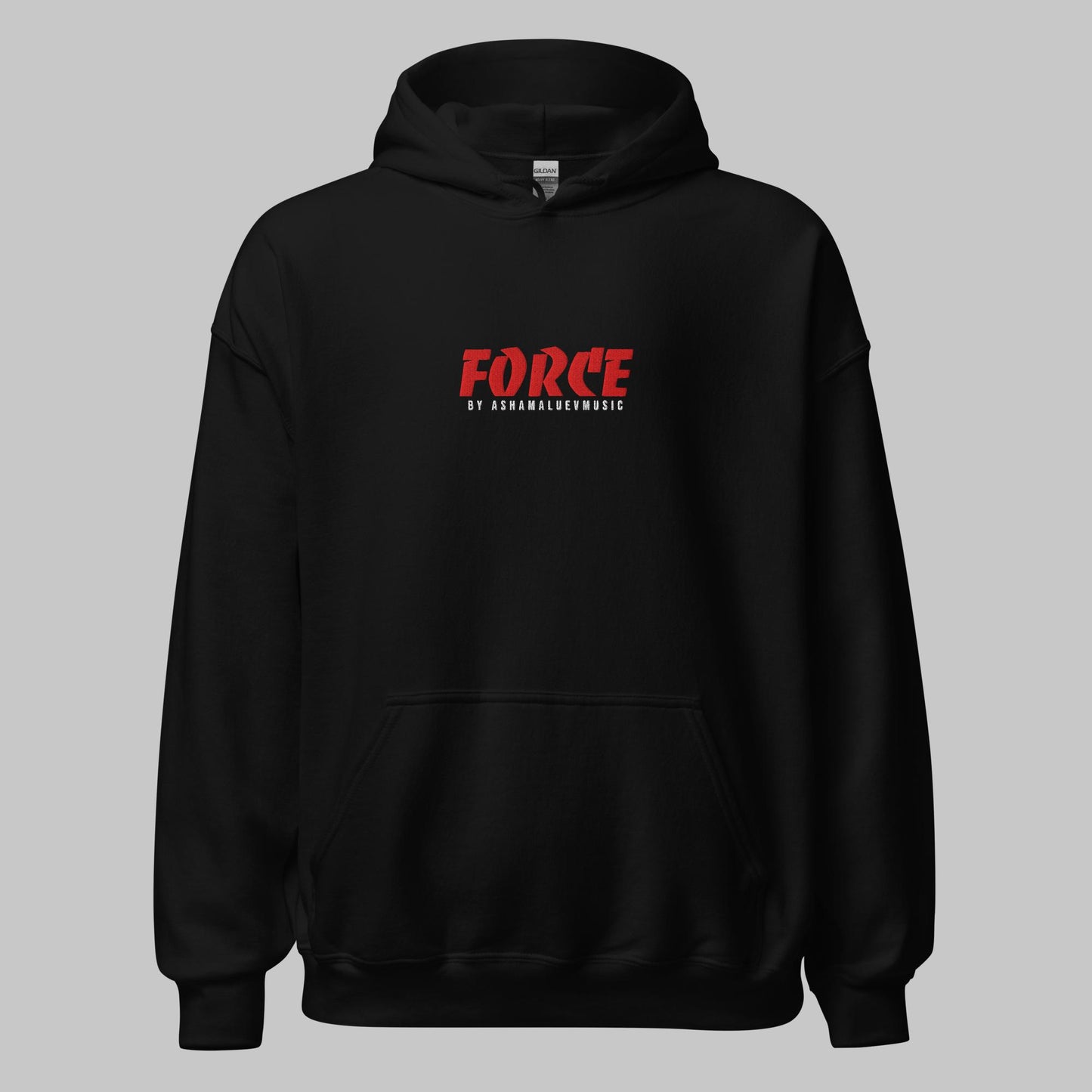 Black unisex hoodie with 'FORCE' and 'AShamaluevMusic' text embroidery in the central part on the front.