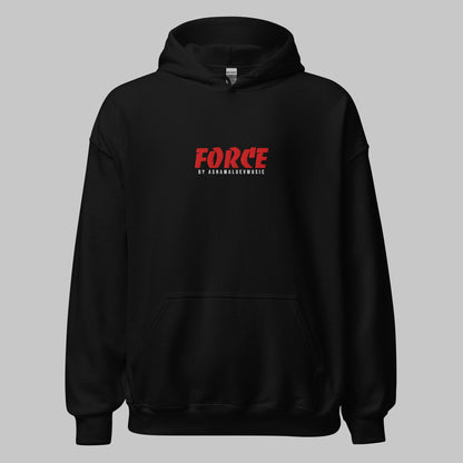 Black unisex hoodie with 'FORCE' and 'AShamaluevMusic' text embroidery in the central part on the front.