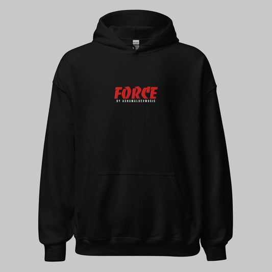 Black unisex hoodie with 'FORCE' and 'AShamaluevMusic' text embroidery in the central part on the front.
