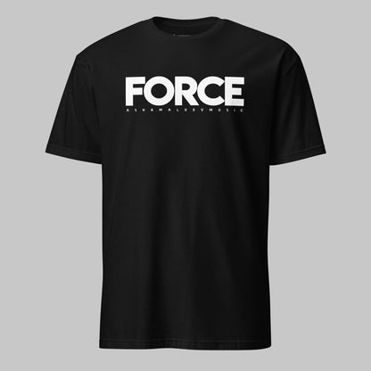 A black unisex short-sleeve t-shirt with the white text 'FORCE AShamaluevMusic' printed in the center on the front side.