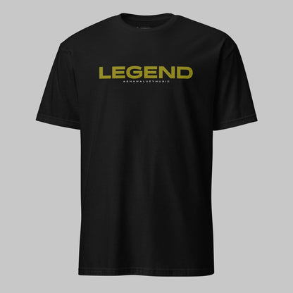 Black unisex T-shirt with the text 'LEGEND' and the AShamaluevMusic logo in the center.