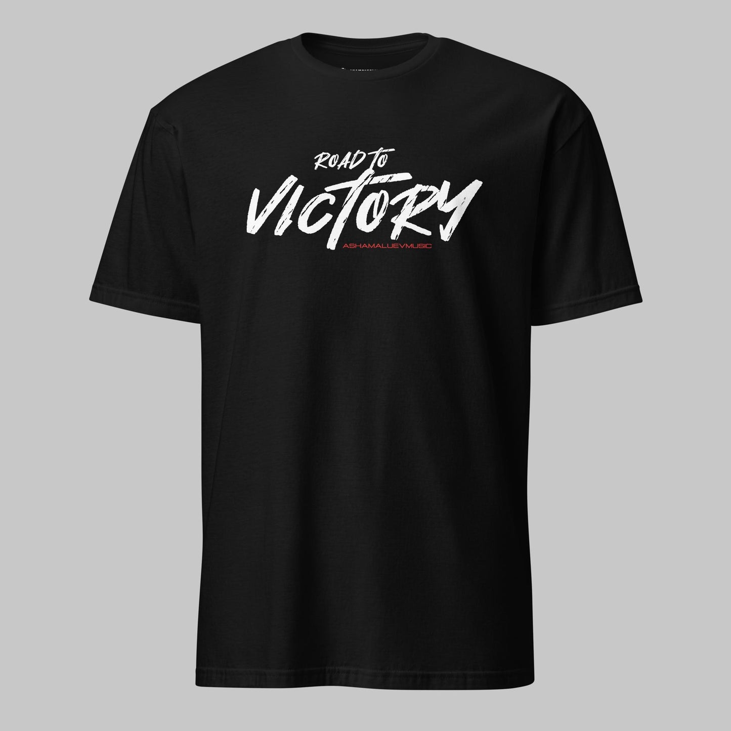 Black unisex t-shirt with the text 'ROAD TO VICTORY AShamaluevMusic' printed in white on the front.
