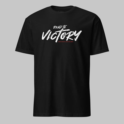 Black unisex t-shirt with the text 'ROAD TO VICTORY AShamaluevMusic' printed in white on the front.