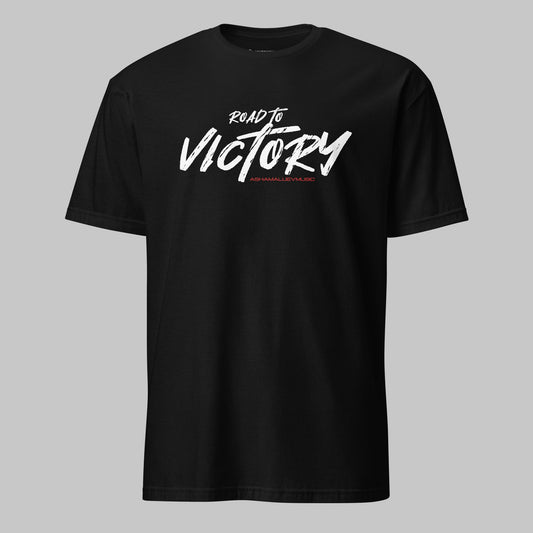Black unisex t-shirt with the text 'ROAD TO VICTORY AShamaluevMusic' printed in white on the front.