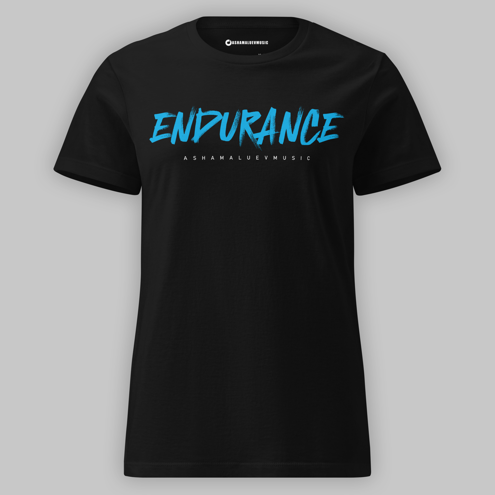 A black women's short-sleeve t-shirt with the blue text 'ENDURANCE AShamaluevMusic' printed in the center on the front side.