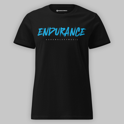 A black women's short-sleeve t-shirt with the blue text 'ENDURANCE AShamaluevMusic' printed in the center on the front side.