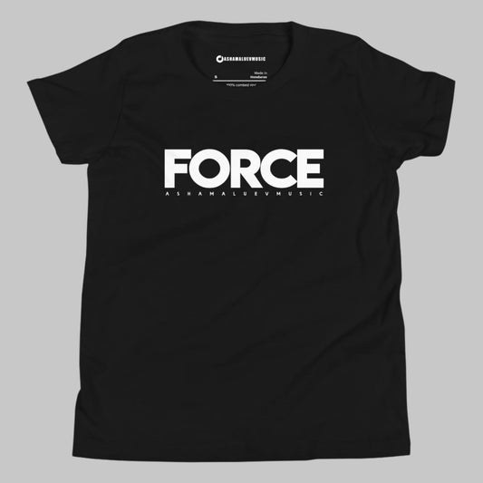 A black youth unisex t-shirt with the text 'FORCE AShamaluevMusic' printed in the center on the front side.
