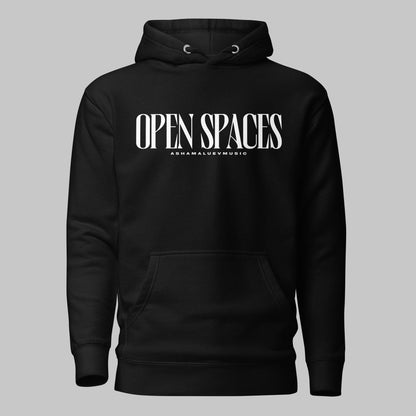 Black unisex pullover premium hoodie with white text 'OPEN SPACES' and 'AShamaluevMusic' on a gray background.
