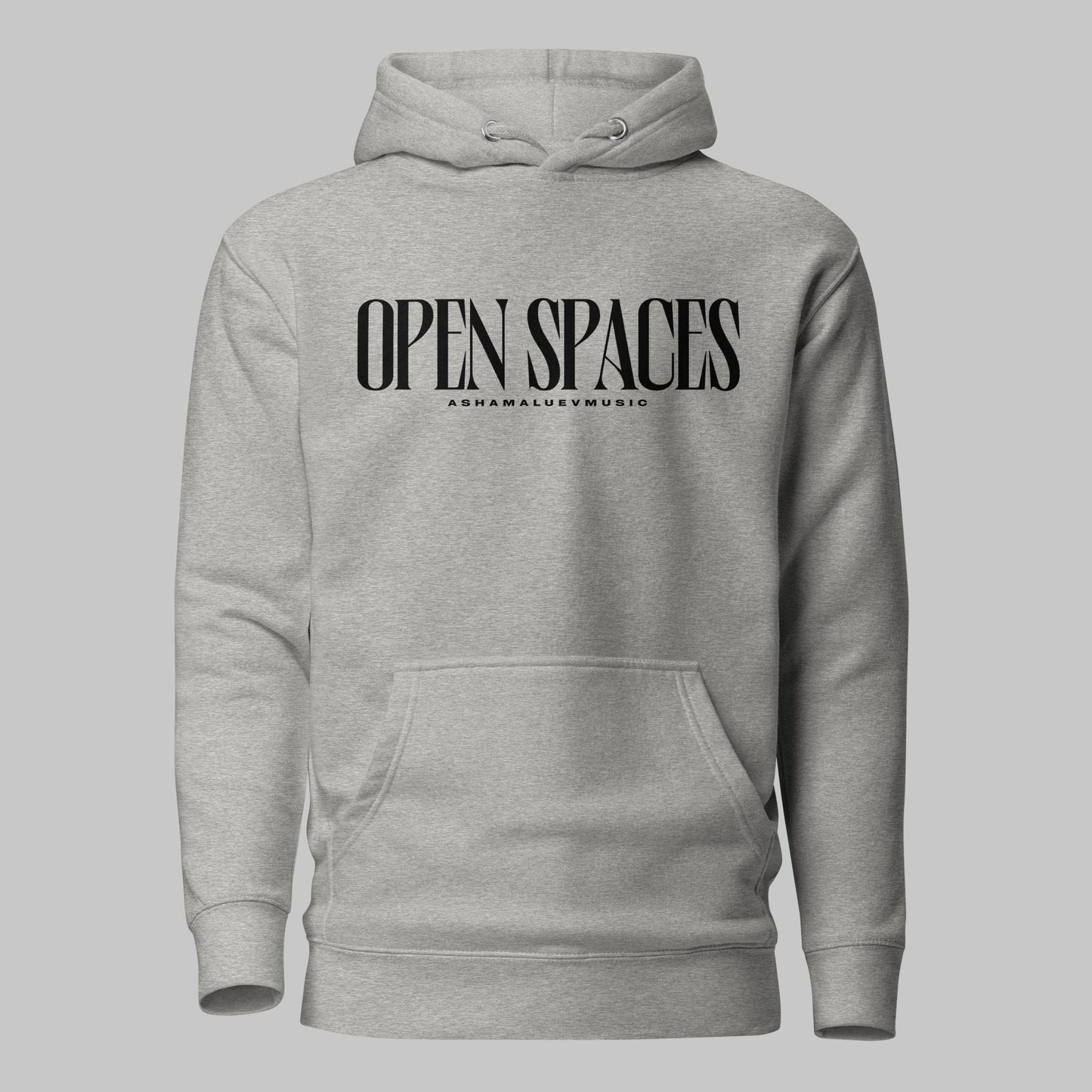 Carbon grey unisex pullover premium hoodie with black text 'OPEN SPACES' and 'AShamaluevMusic' on a gray background.