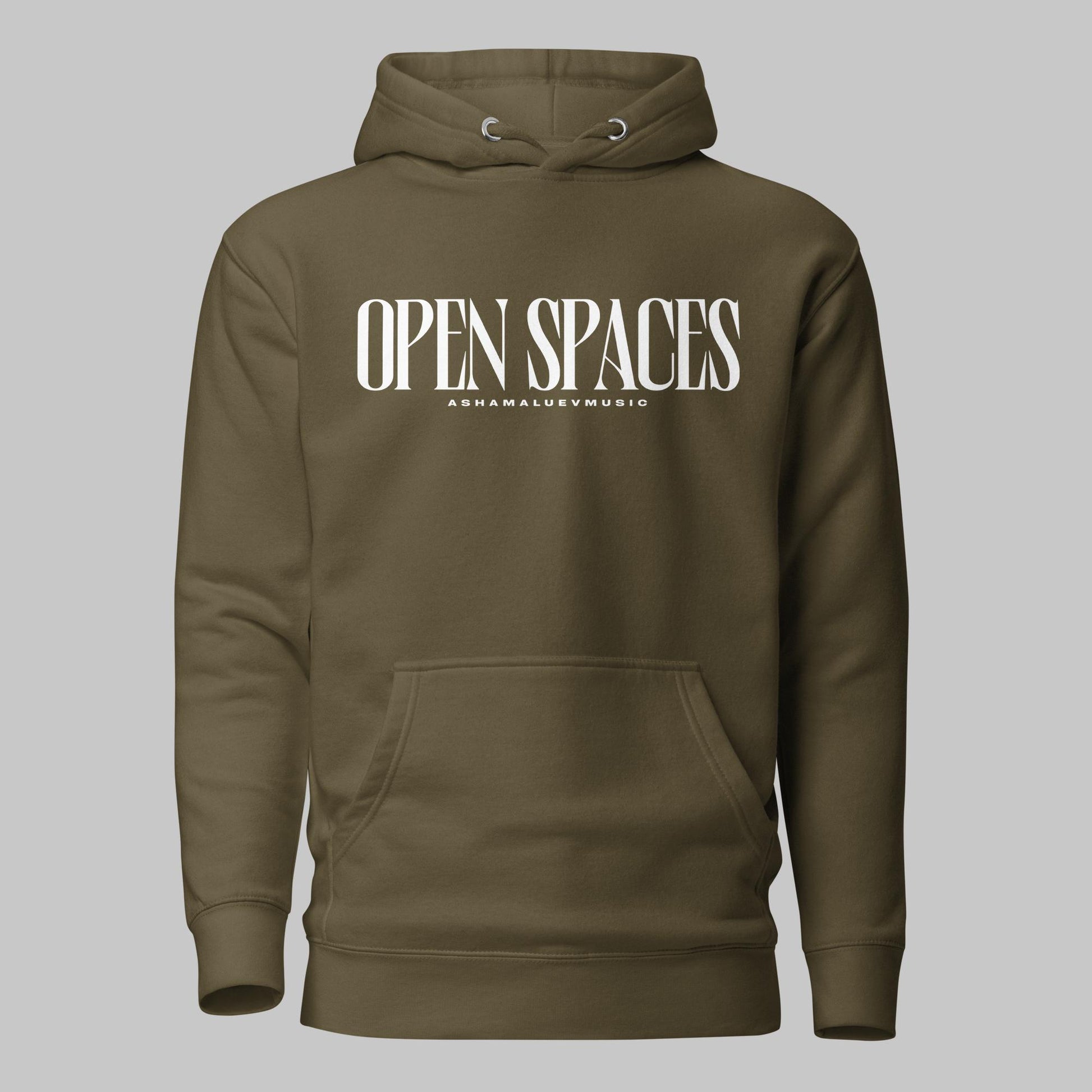Military green unisex pullover premium hoodie with white text 'OPEN SPACES' and 'AShamaluevMusic' on a gray background.