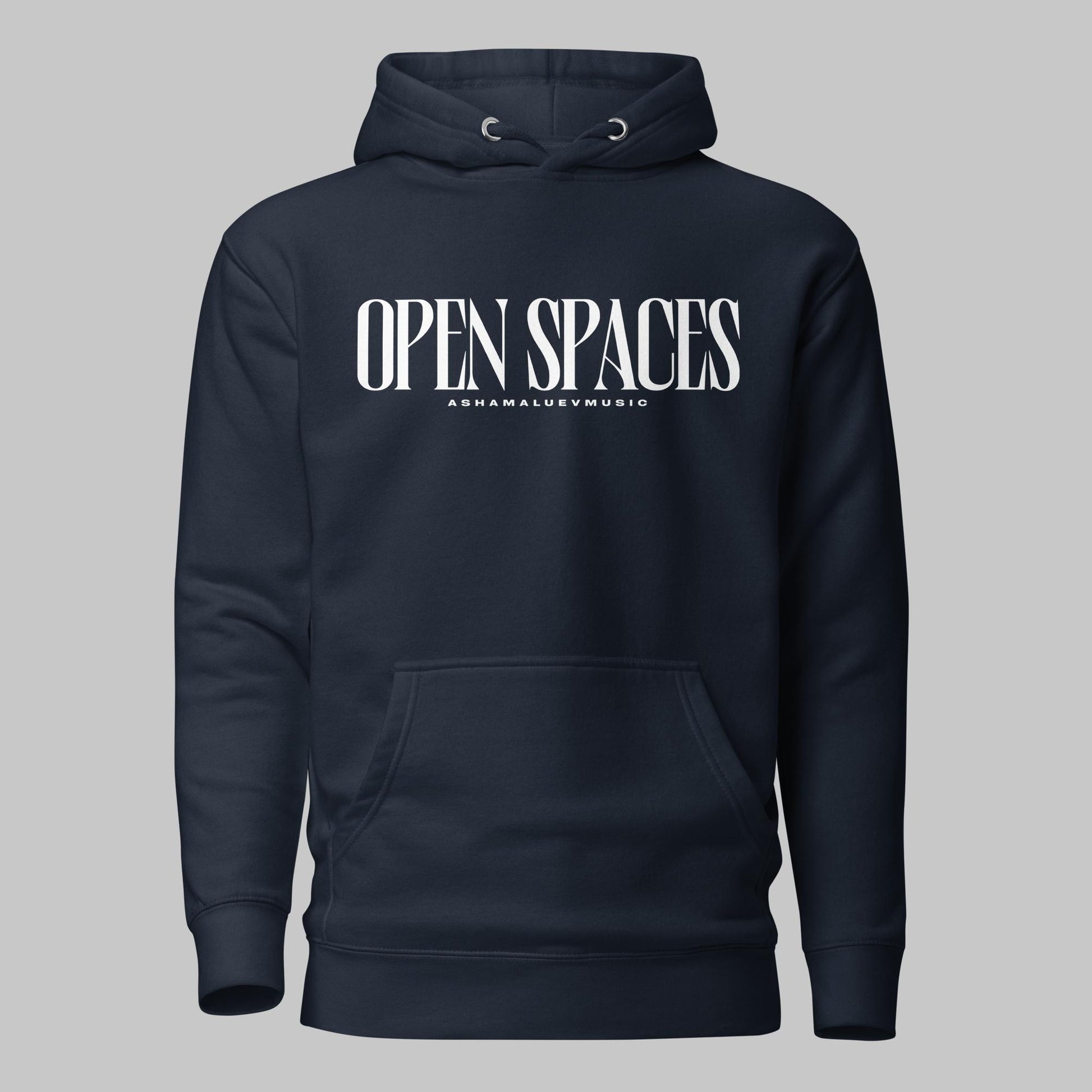 Navy blazer unisex pullover premium hoodie with white text 'OPEN SPACES' and 'AShamaluevMusic' on a gray background.
