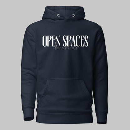 Navy blazer unisex pullover premium hoodie with white text 'OPEN SPACES' and 'AShamaluevMusic' on a gray background.