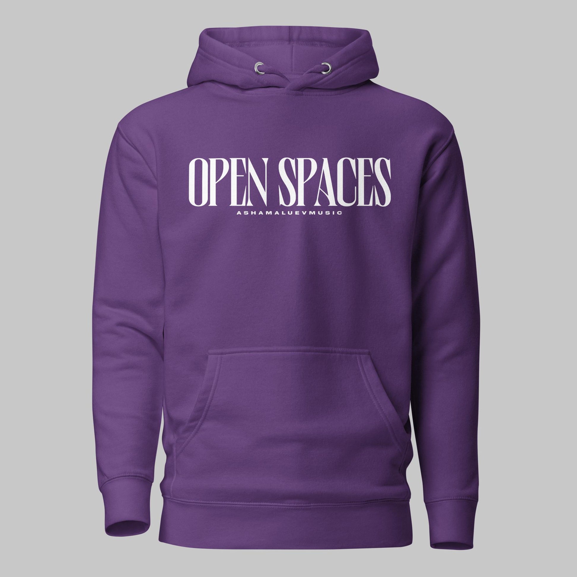 Purple unisex pullover premium hoodie with white text 'OPEN SPACES' and 'AShamaluevMusic' on a gray background.